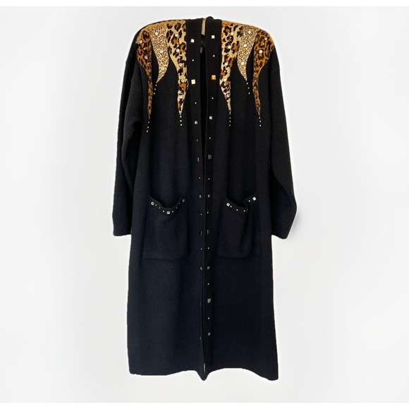 Black Sweaters - Vintage Focus USA Black Animal Print Rhinestone Mobwife Duster Cardigan Sz L/ XL